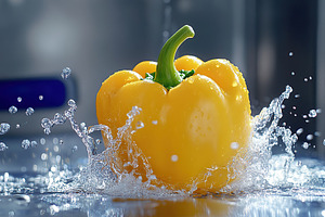 Ripe yellow bell peppers with water splashes, a Food & Drink Photo by AlyaAnd