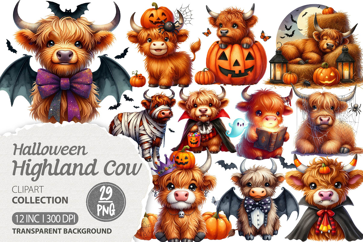 Cute Halloween Highland Cow Clipart, an Illustration by Dream Creation (Photo 1 of 6)