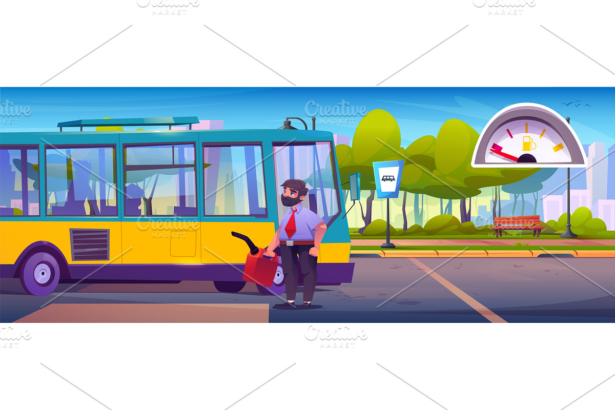 Bus driver fills vehicle with fuel, a Transportation Illustration by art PVP - market