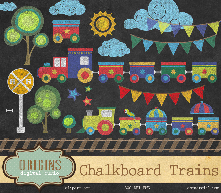 Chalkboard Trains Clipart, an Education Illustration by Digital Curio