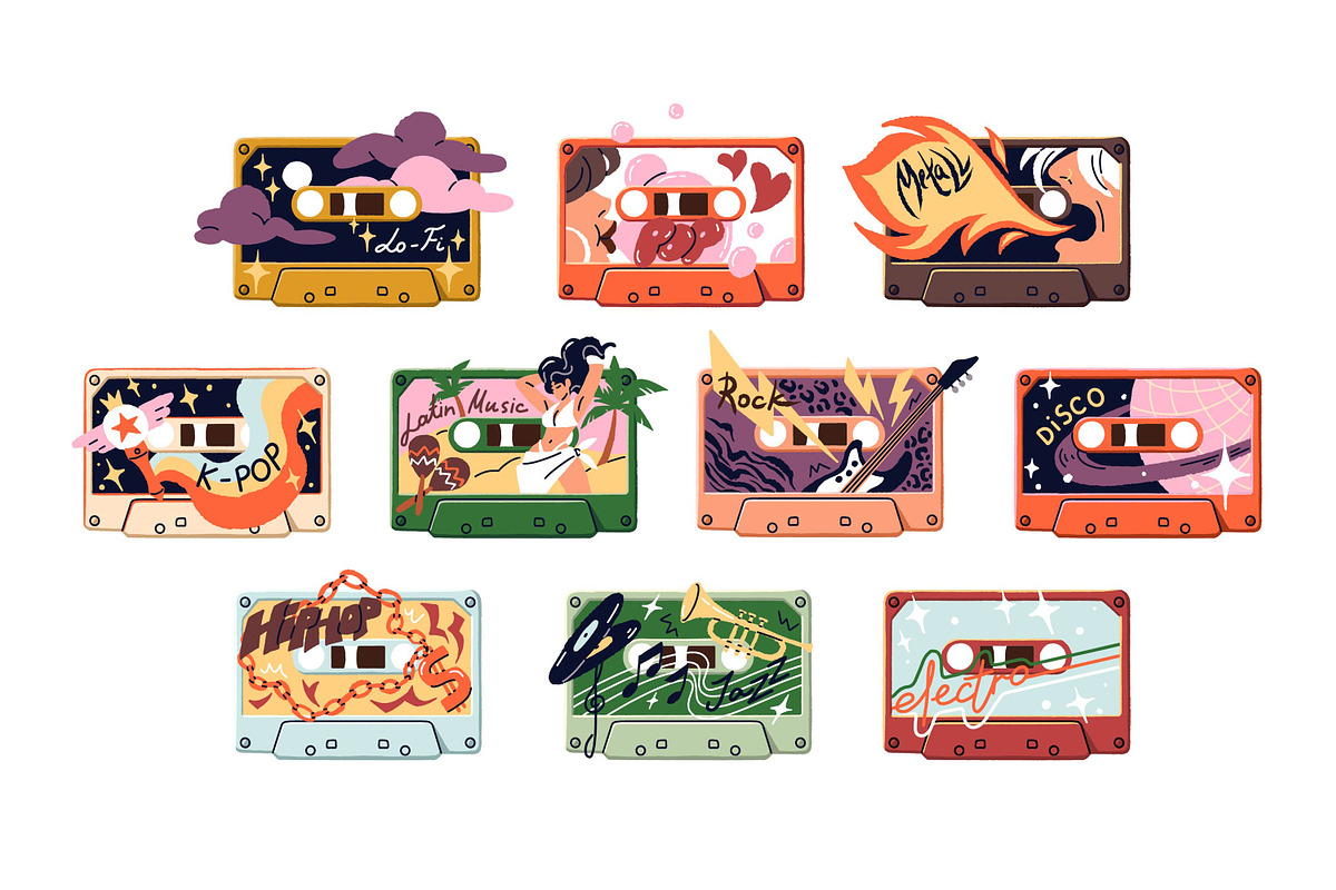 Retro audio cassettes with music set, an Object Illustration by PaperTrident (Photo 1 of 7)
