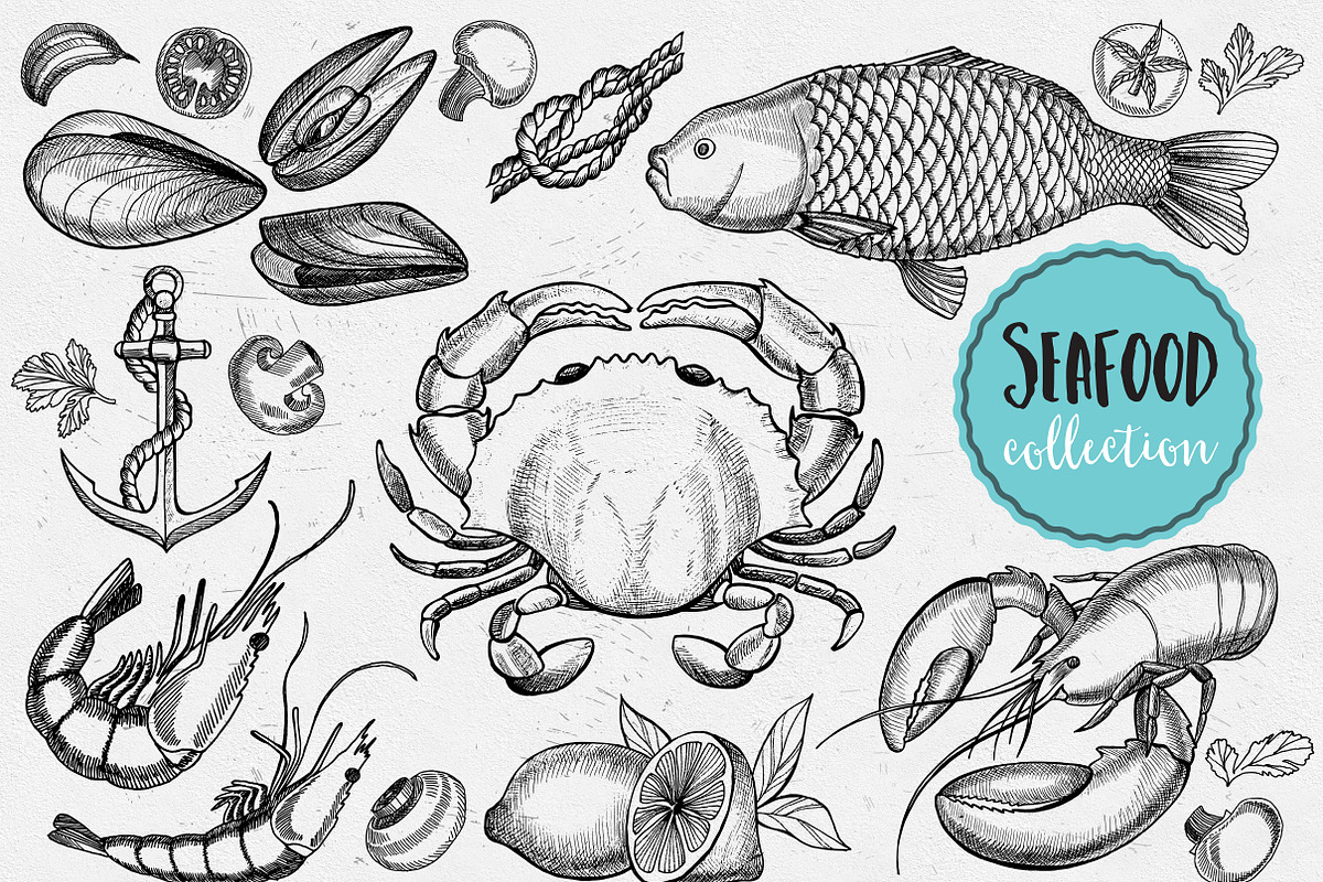 Seafood doodle 21 elements, a Food Illustration by BarcelonaShop (Photo 1 of 3)