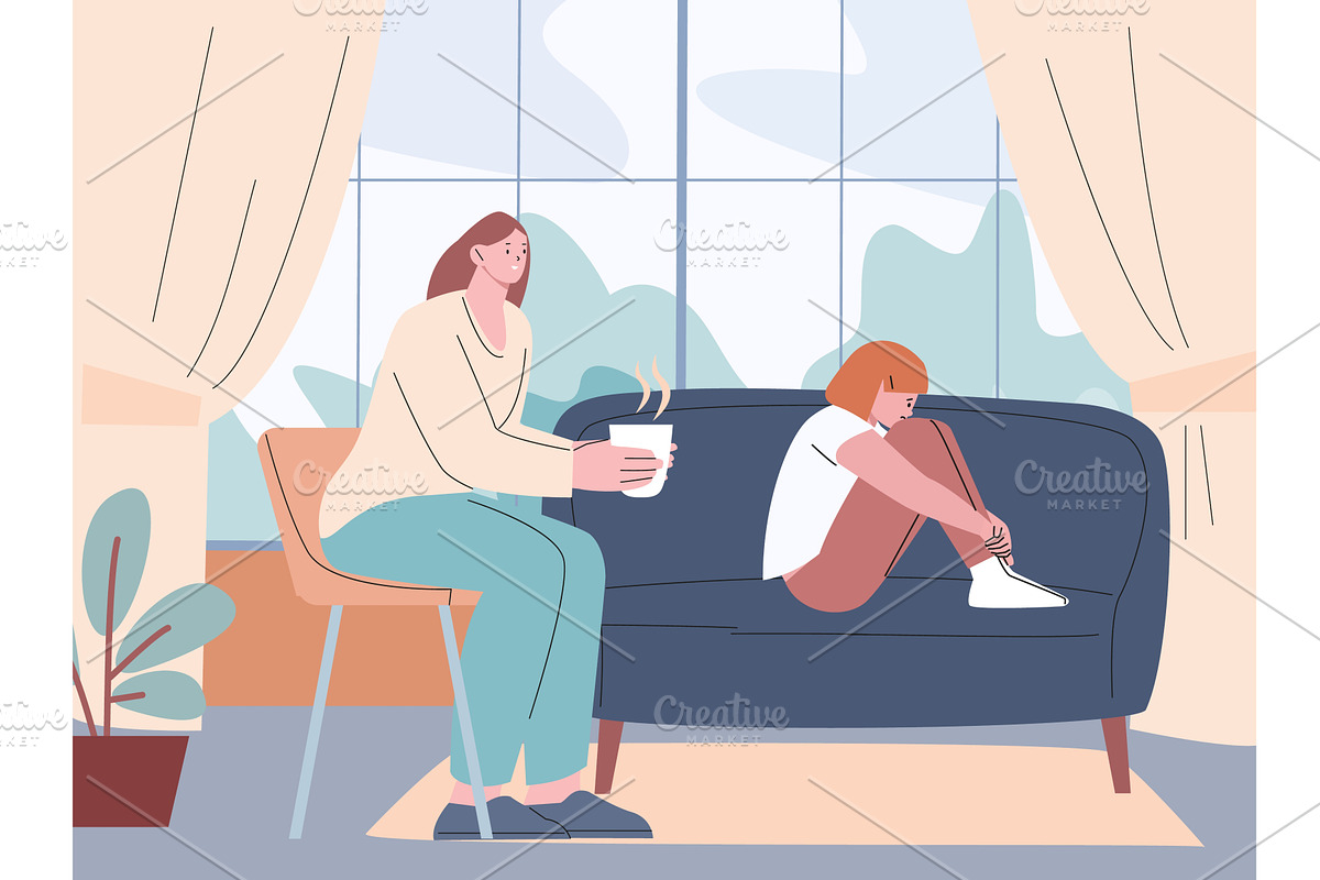 Mother support crying daughter. Sad, a Person Illustration by Valerie Bodnar