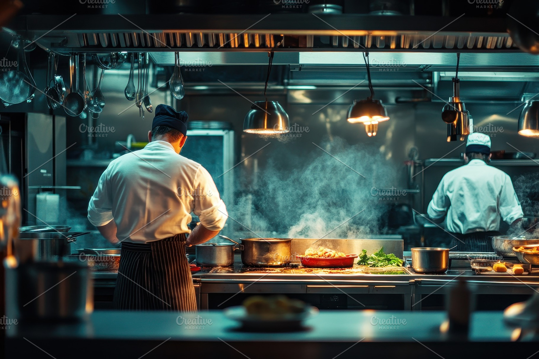 Restaurant kitchen with chefs, a Photo by Pavel_design