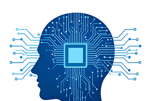 human head silhouette connected by circuit lines to a central AI, a Technology Illustration by DanFLCreativo