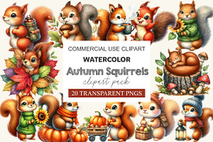 Watercolor Autumn Squirrels Clipart