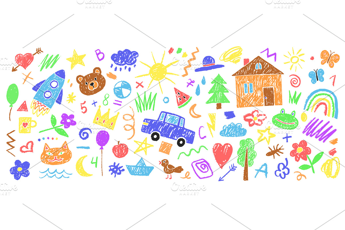 Crayon childish drawings. Kids hand, an Illustration by Stock-Smart-Start