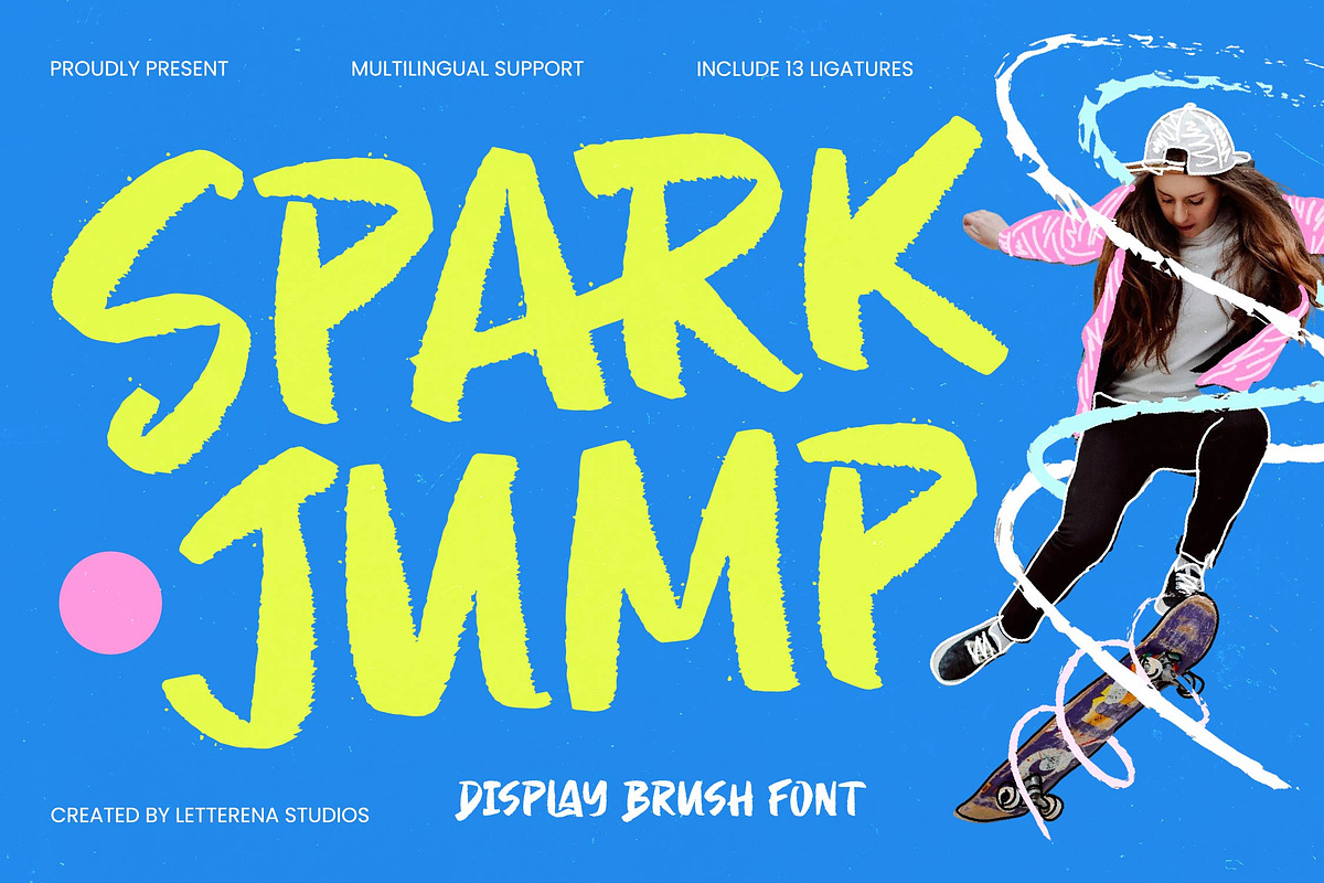 Spark Jump Display Brush Font, a Script Font by Letterena Studios Script (Photo 1 of 10)