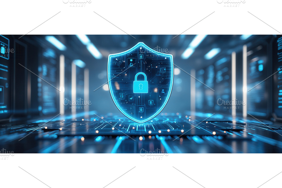 Digital shield with padlock icon, an Illustration by tilialucida
