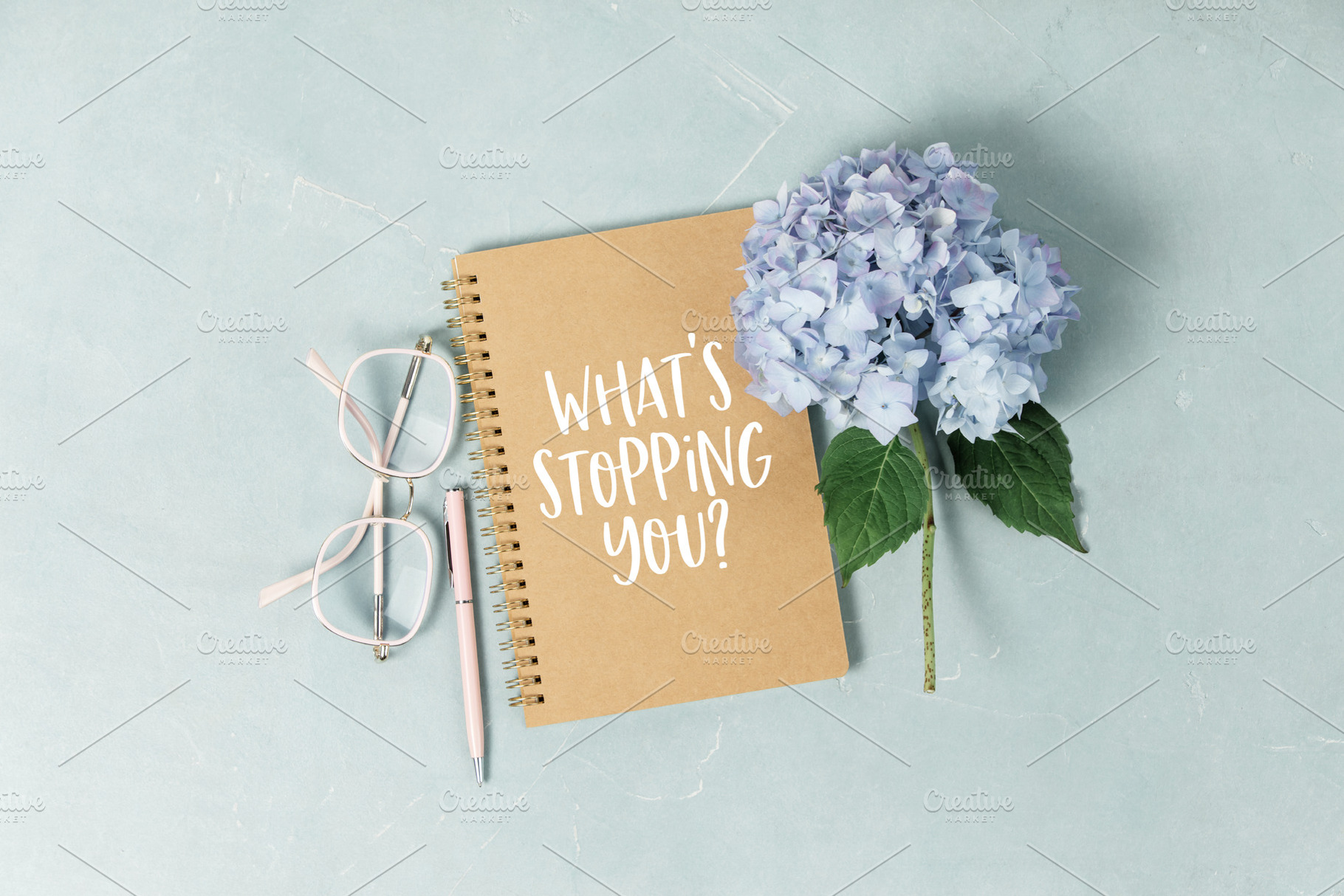 Motivational Notebook with Hydrangea and Glasses Flat Lay, a Holiday Photo by Natalia Klenova's Shop