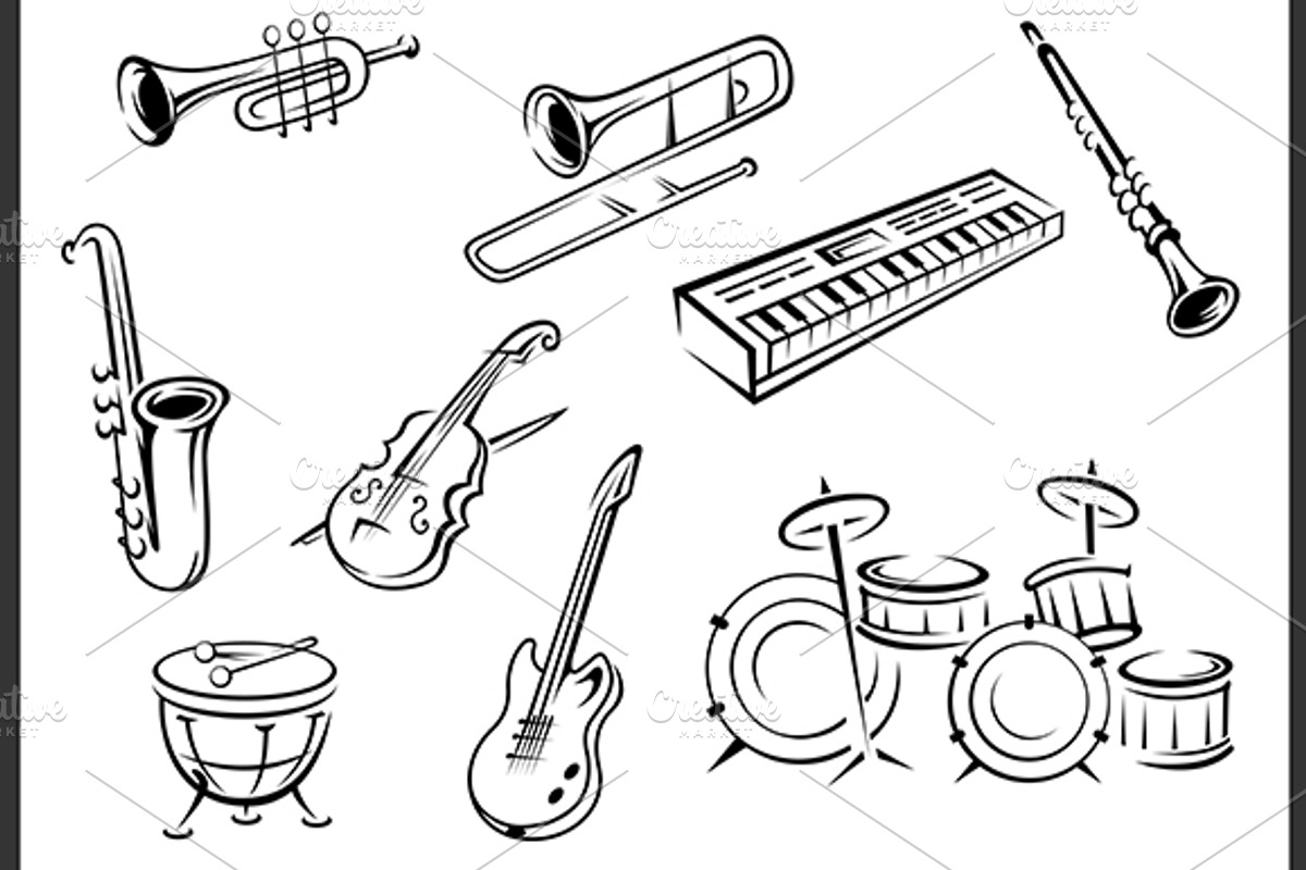 Outline musical instruments, a Graphic by Vector Tradition