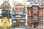 Watercolor Christmas Village Clipart, an Illustration by Black Bird Studio (Thumbnail 1 of 6)