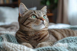 Cat relaxing on cozy blanket in a se, a Photo by Tanuart