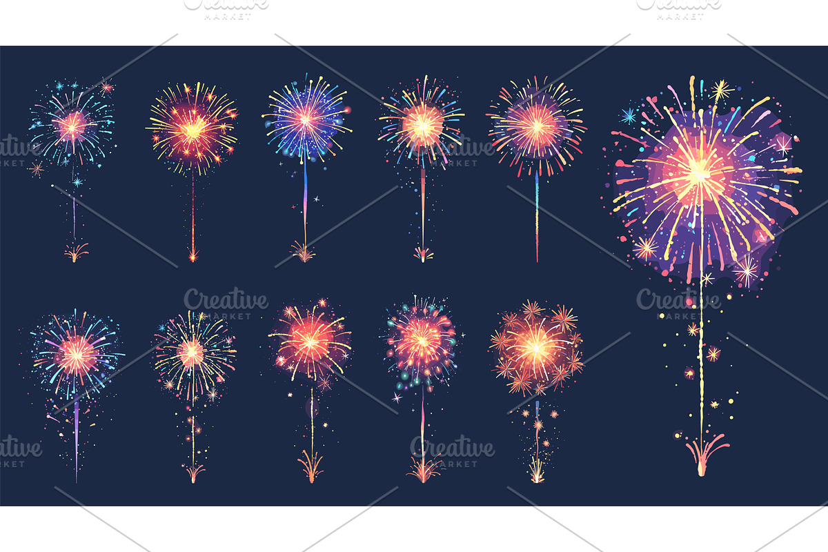 Set of bright colored fireworks in, an Object Illustration by LadadikArt