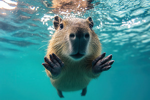 Playful capybara swimming underwater, a Photo by Pavel_design