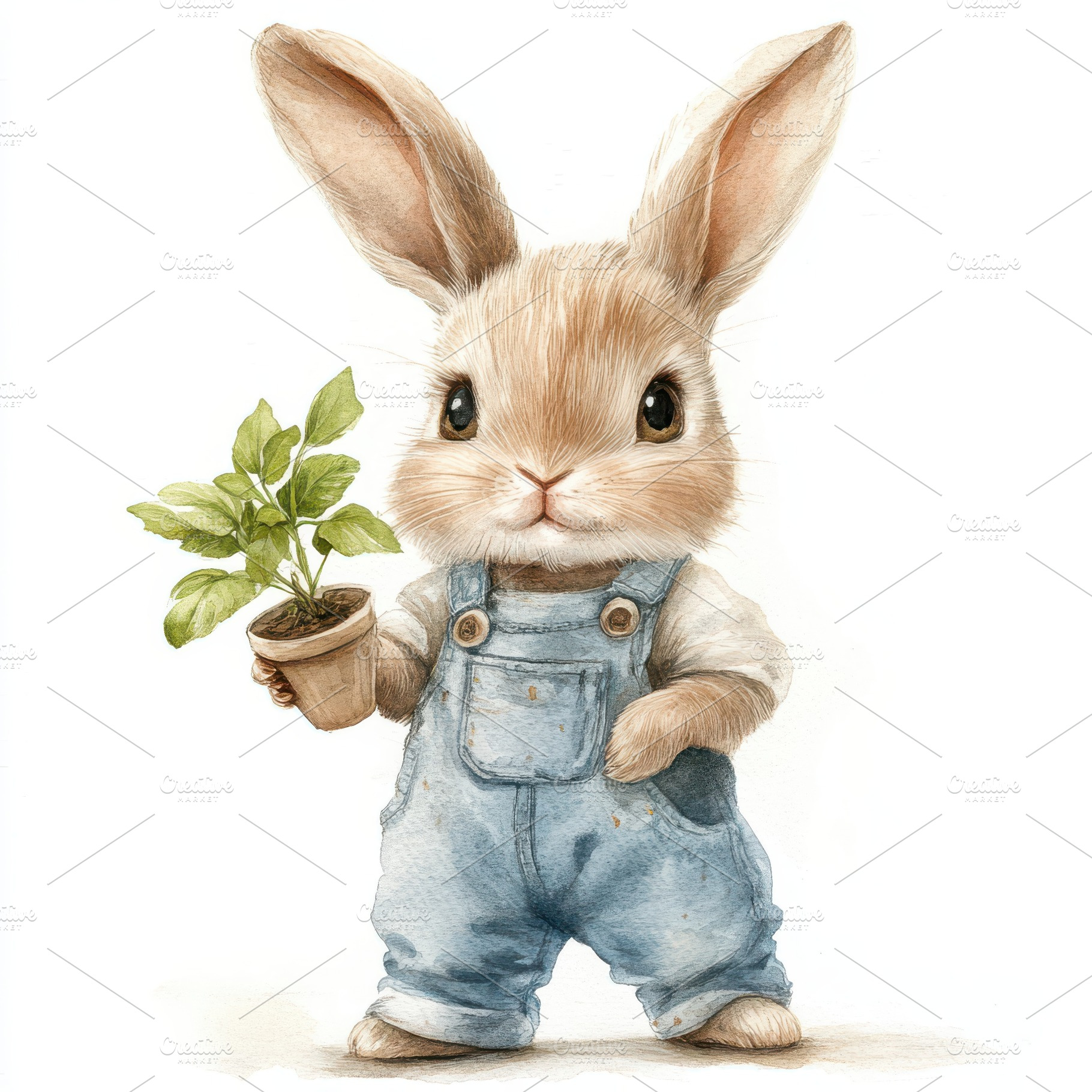 Cute bunny gardener holding potted p, an Animal Photo by Pixeness Studio