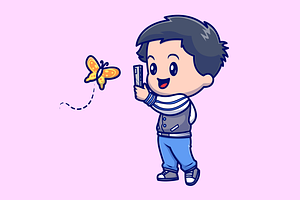 Cute Boy Taking Photo Butterfly, a Person Illustration by Catalyst Labs