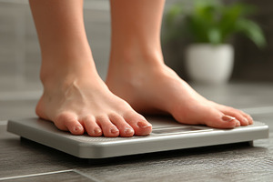 Person standing on a scale in a home environment measuring weight progress, a Photo by AS photostudio
