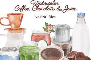 Watercolor Coffee, Chocolate & Juice