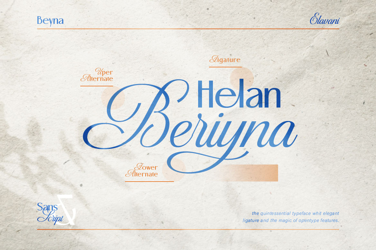 Beyna Elvani - Elegant Sans & Script, a Script Font by Burntilldead (Photo 10 of 12)