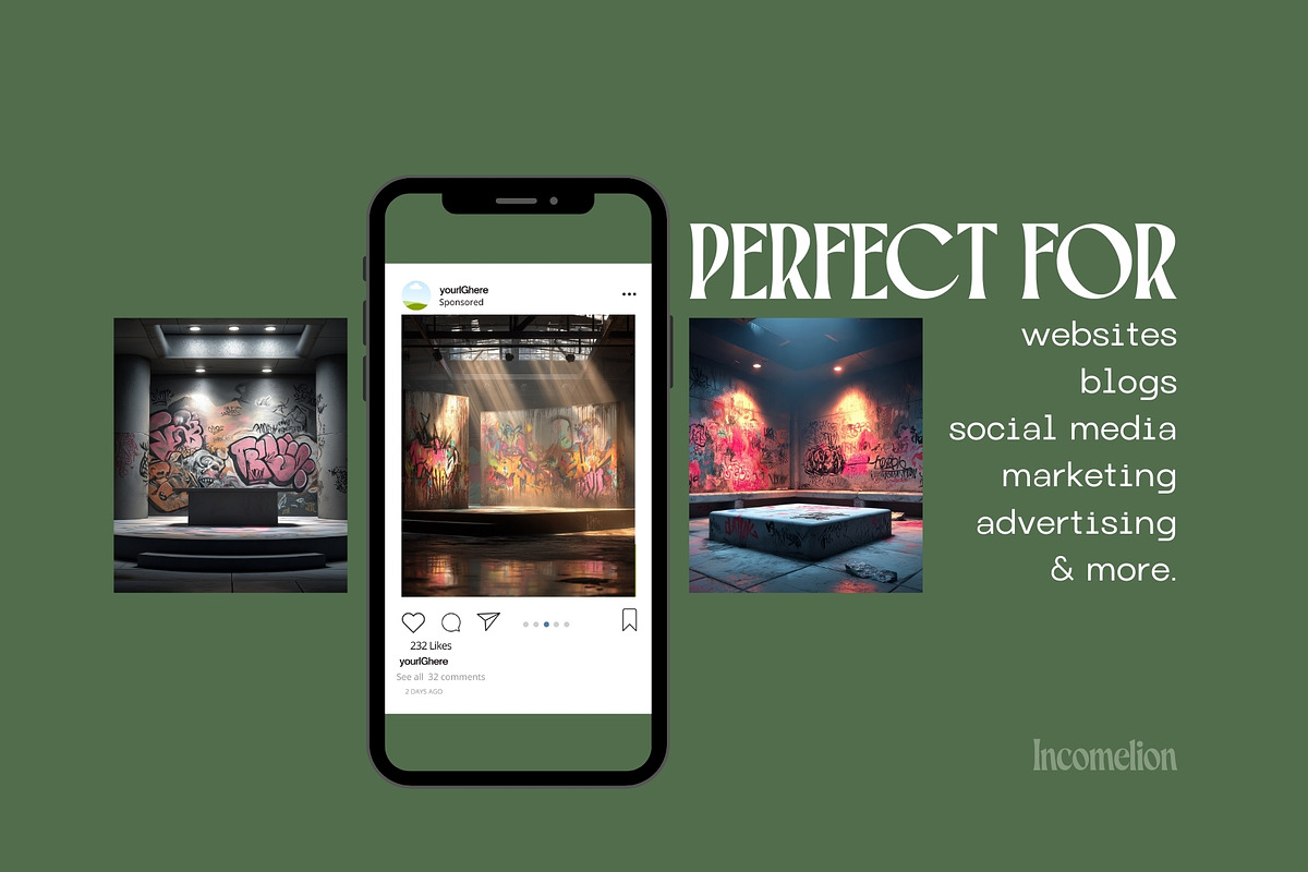 40 Graffiti Podium Mockups, a Background Graphic by Incomelion (Photo 7 of 9)