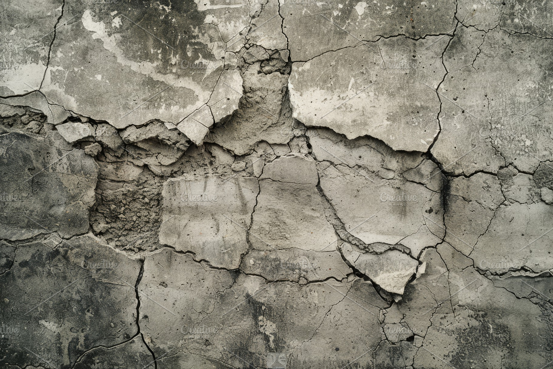 The cracked surface of a concrete wa, a Photo by Tanuart