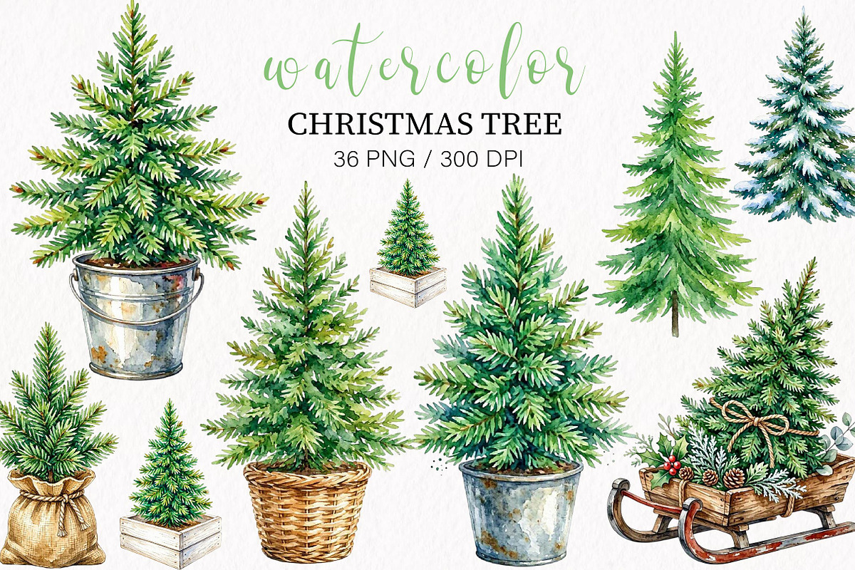 Watercolor Christmas Tree clipart, a Seasonal Illustration by fashionaddict (Photo 1 of 7)
