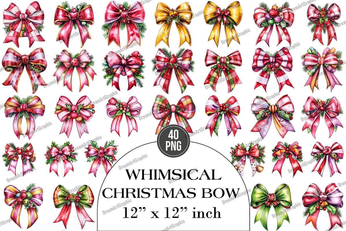 Whimsical Christmas Bow Clipart, an Illustration by DreamArtGraphic (Photo 1 of 5)