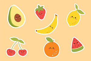 Cute Kawaii Fruits - Vector Stickers