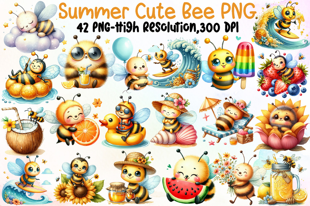 Watercolor Summer Cute Bee Clipart, an Illustration by Sublimation Artist (Photo 1 of 6)