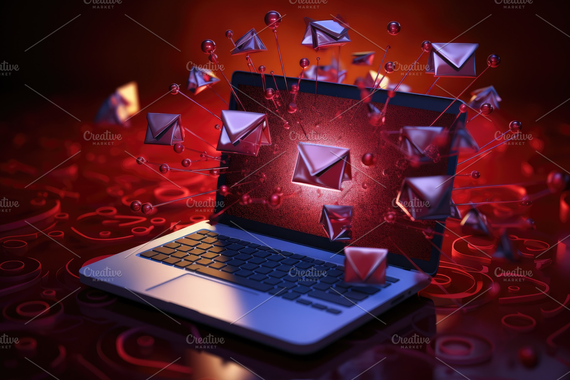 Laptop with email symbol on red back, a Photo by Iftikhar Alam