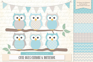 Owls Clipart & Patterns in Soft Blue, an Animal Illustration by Amanda Ilkov