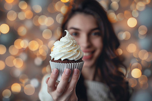 Beautiful woman holding sweet cupcake with whipped cream on blurred lights back, a Person Photo by AlyaAnd