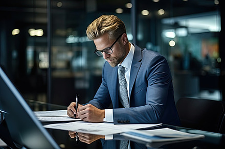 focused business executive in modern, a Photo by SaroStock