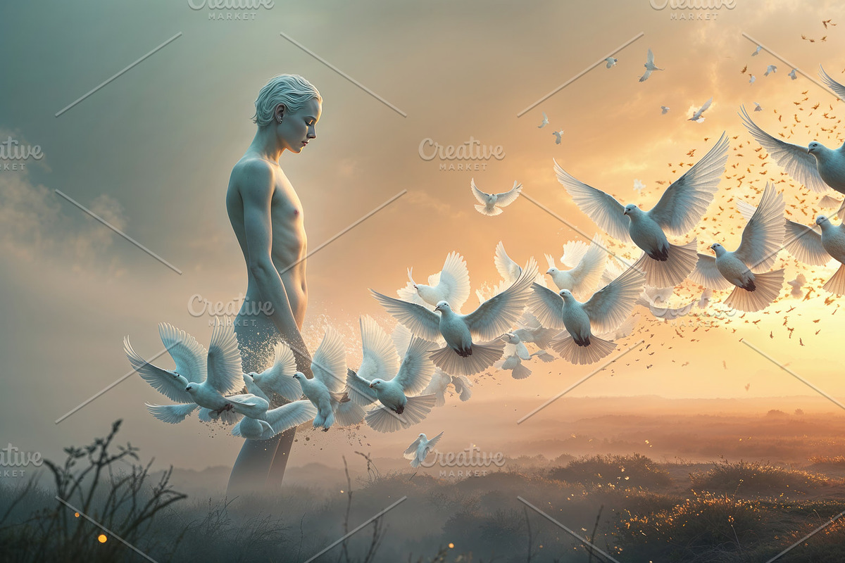 A person and a flock of birds, an Illustration by wavebreak