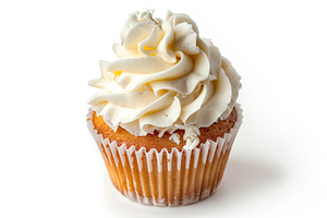 Tasty cupcake with sweet whipped cream on white background, a Food & Drink Photo by AlyaAnd