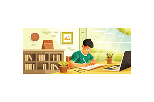 Young Boy Learning at Home Illustrat