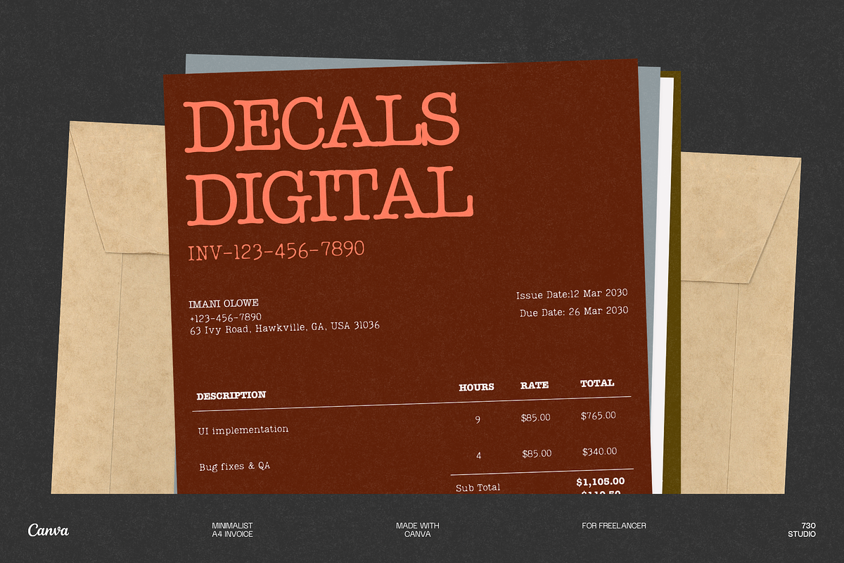 Minimalist Canva Freelance Invoice, a Stationery Template by 730 Studio (Photo 5 of 6)