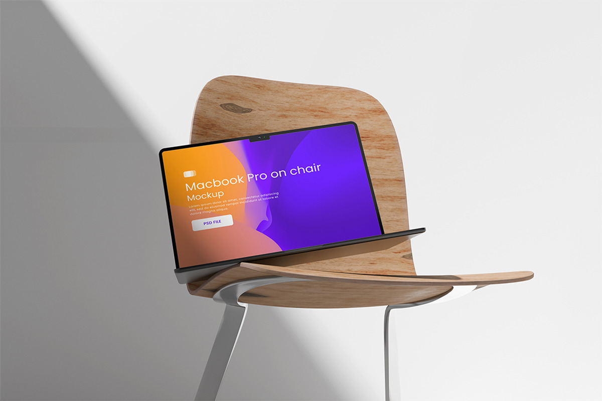 Macbook Pro on Chair Mockup, a Wearable Device Mockup by swsi-studio (Photo 5 of 5)