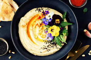 Gourmet Hummus with Edible Flowers, Pine Nuts, and Olive Oil, B, a Food & Drink Photo by Natalia Klenova's Shop