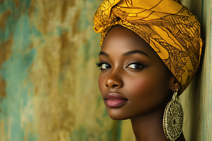 A portrait of a african woman with a yellow patterned headwrap and large earrin, a Person Photo by Textures & Backgrounds