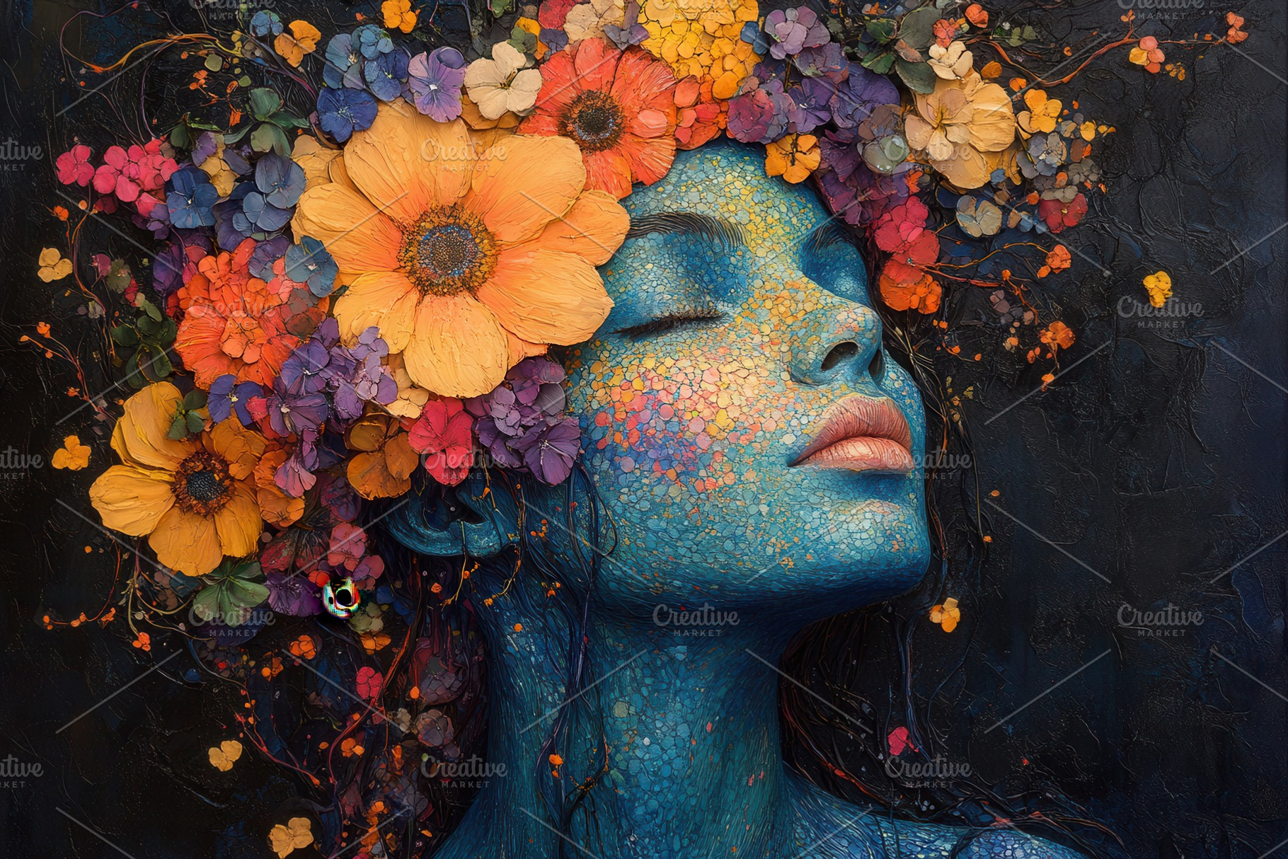 Colorful floral portrait depicting a, a Photo by Tanuart