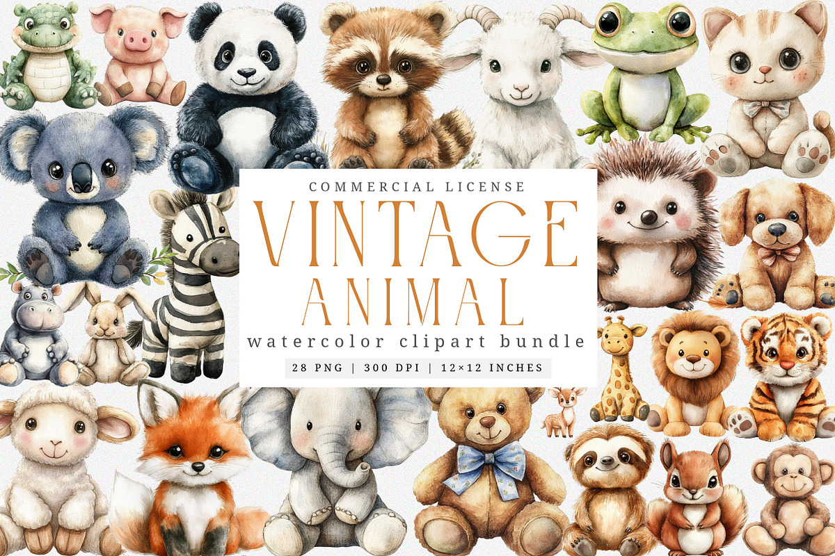 Watercolor Vintage Animal Plush Toys, an Illustration by SinaCreation (Photo 1 of 7)
