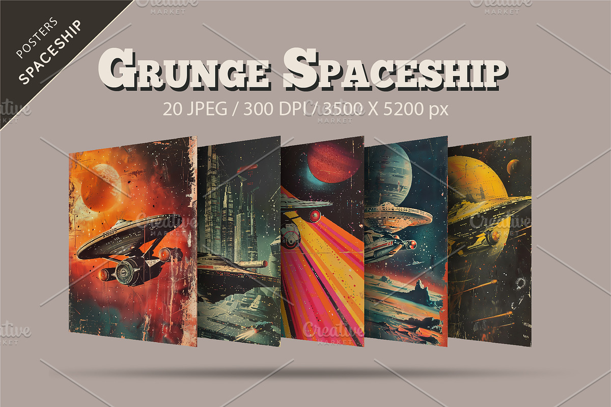 Grunge Spaceship Posters. Retro Art., a Decorative Illustration by KENO Mascots (Photo 6 of 6)