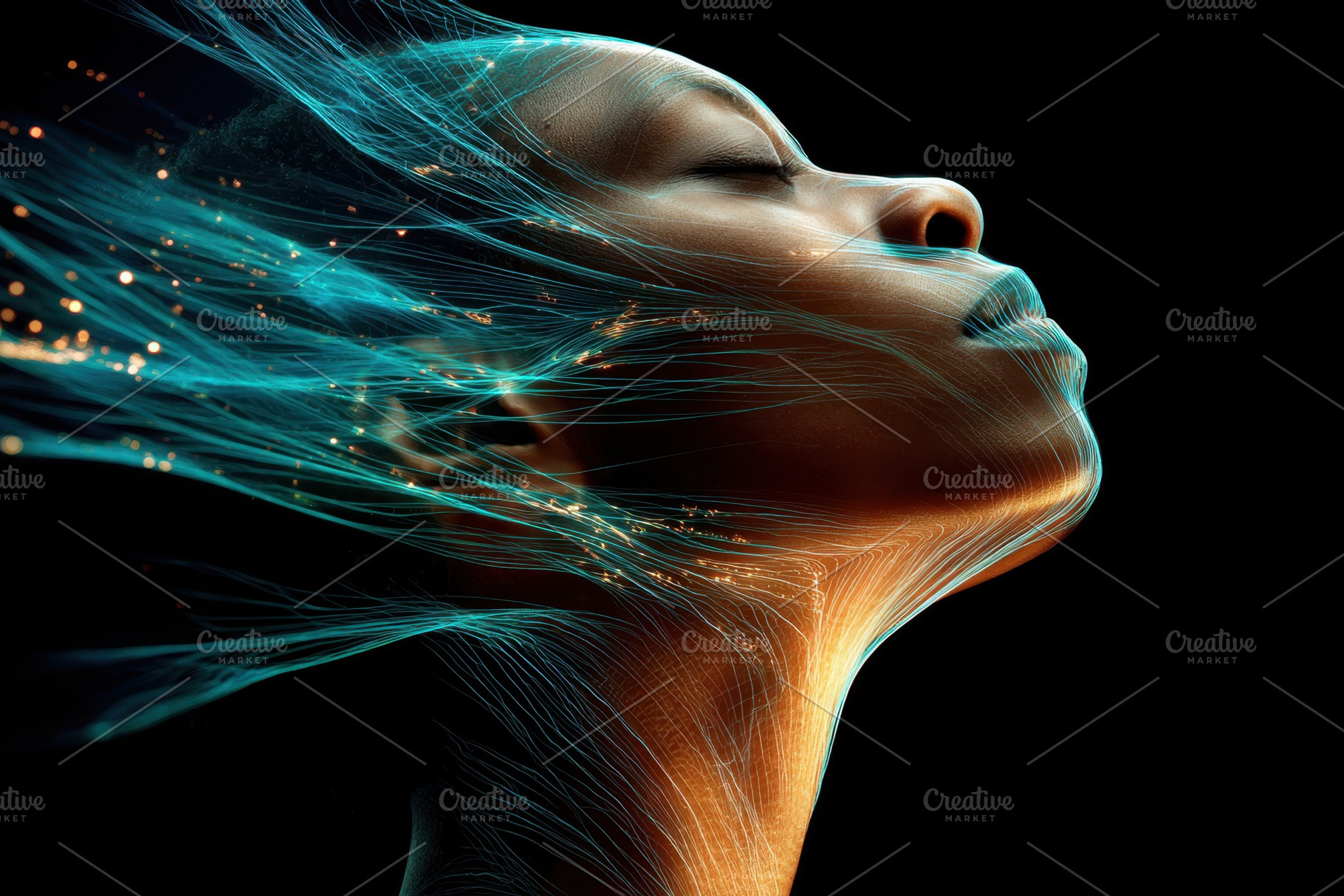 Face profile with glowing light strands, an Abstract Photo by AlyaAnd