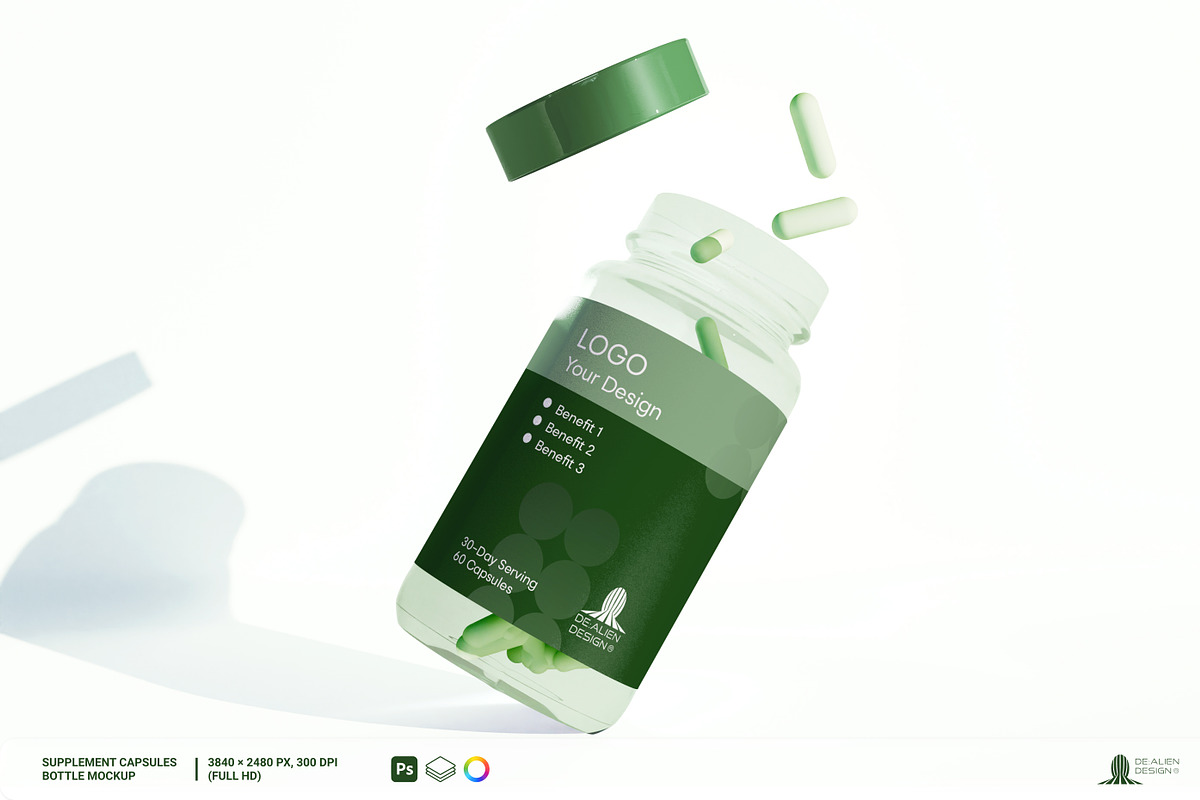 Supplement Capsules Bottle Mockup, a Cups & Container Mockup by De-Alien Design (Photo 7 of 13)