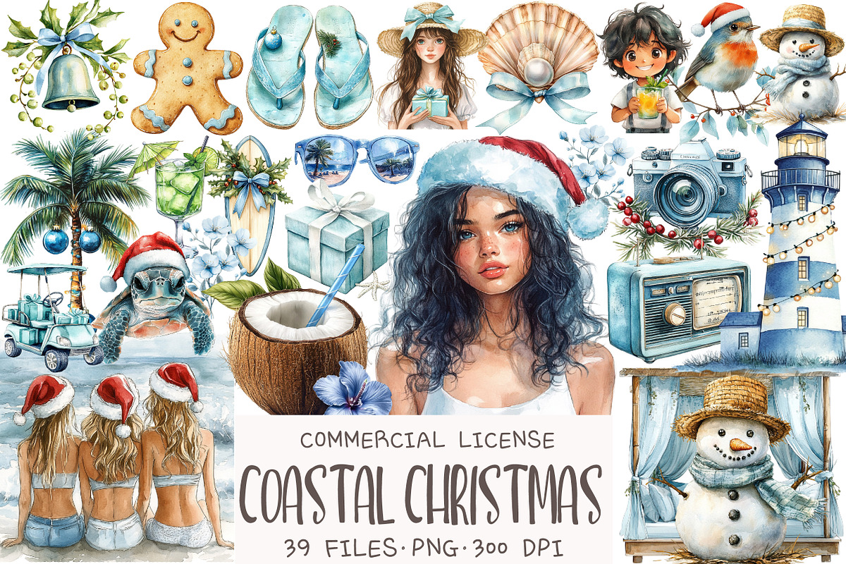 Watercolor Coastal Christmas Clipart, an Illustration by OK Design (Photo 1 of 5)