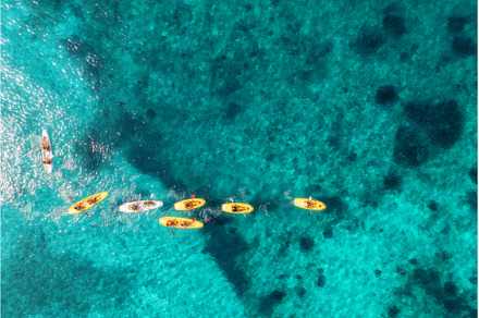 Aerial view of yellow kayaks in blue, a Transportation Photo by den-belitsky