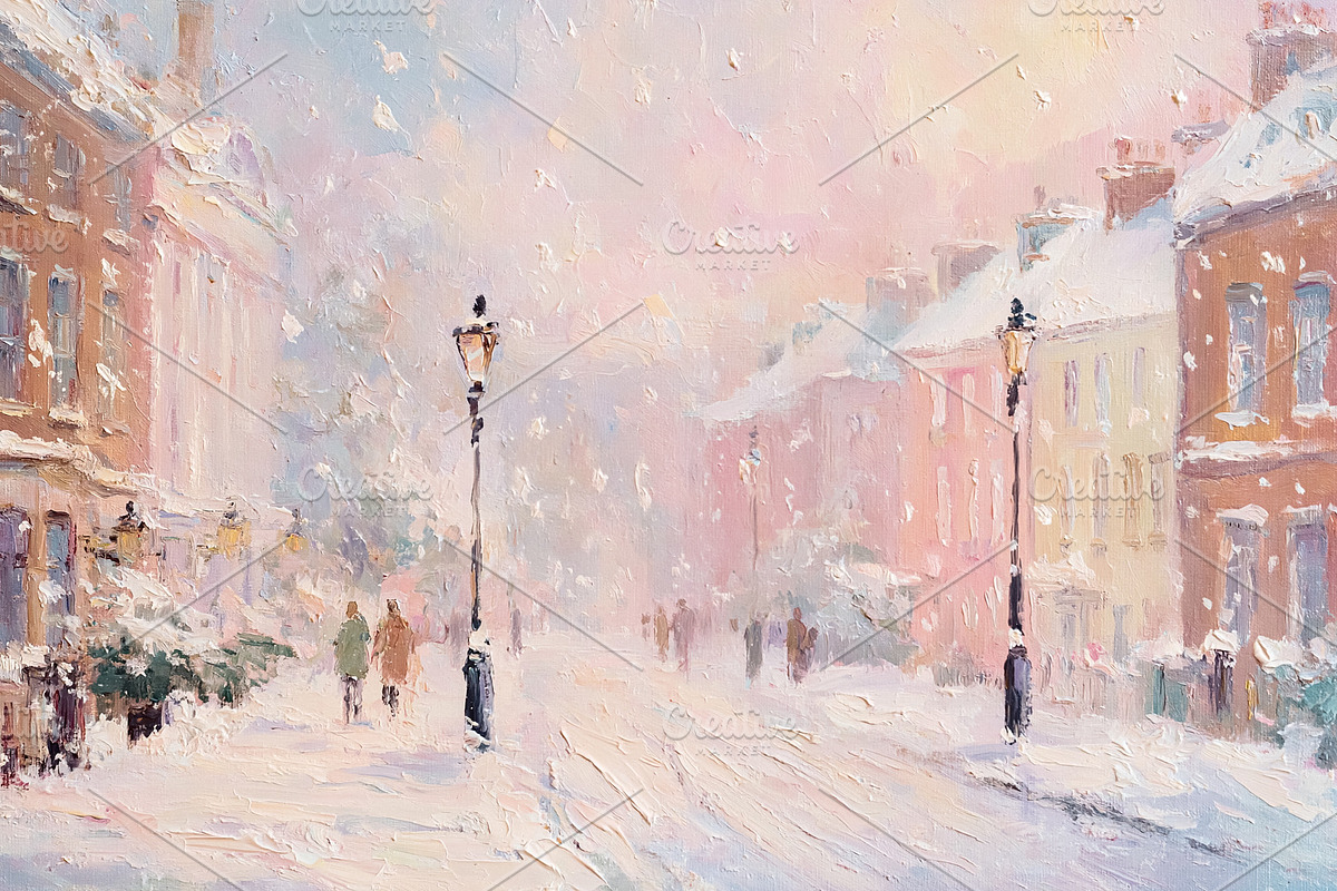 Winter city street with falling snow, pedestrians walking, and h, an Illustration by Studio ANNA
