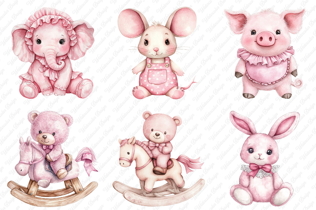 Pink Vintage Plush Animals Clipart, an Illustration by Watercolor design (Photo 4 of 12)